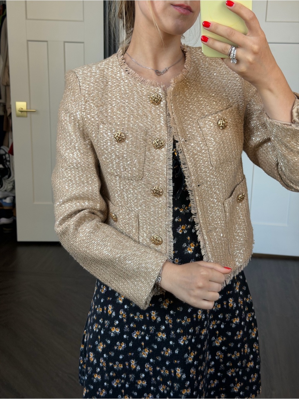 Women's Metallic Beige Tweed Cropped Jacket